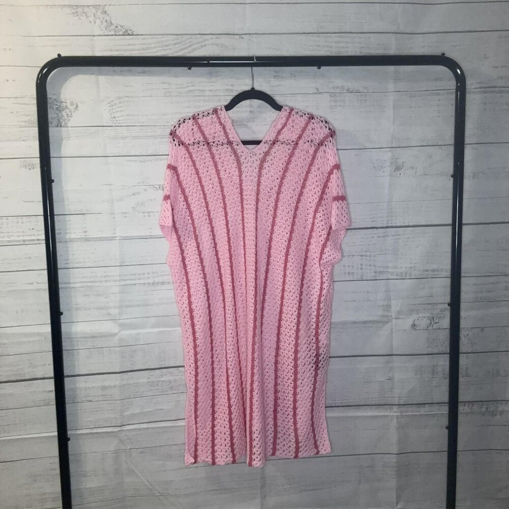 NWOT Pink Striped Crochet Loose Fit V Neck Beach Cover Up - Picture 7 of 7
